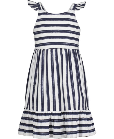 Nautica Girls' Printed Flutter Dress, Sleeveless with Ruffled Shoulders & Cinched Waist, Peacoat Stripe, 2T