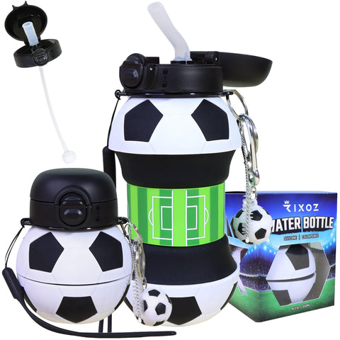 RIXOZ Football Water Bottle With Straw - 550ml Silicone Collapsible Football Water Bottle With Keyring For Kids