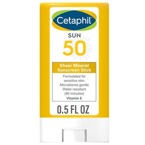 Cetaphil Sheer Mineral Sunscreen Stick for Face & Body, 0.5oz, 100% Mineral Sunscreen: Zinc Oxide & Titanium Dioxide, Broad Spectrum SPF 50, For Sensitive Skin