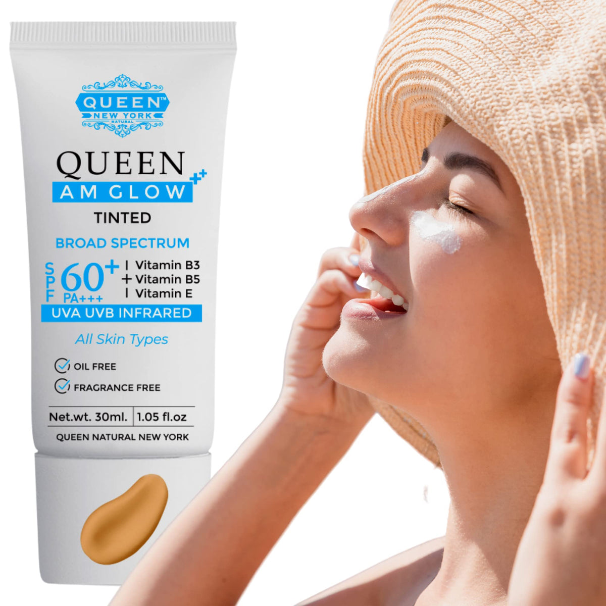 QUEEN AM GLOW | TINTED SunScreen SPF 60 PA+++Primer-Anti Aging, Face Moisturizer- Vitamin B3, B5, E- Non-Greasy, Silky Touch, Instant dry-oil free, fragrance free by QUEEN NATURAL NEW YORK