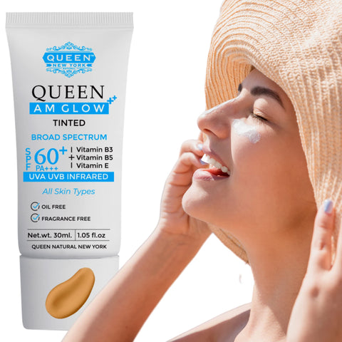 QUEEN AM GLOW | TINTED SunScreen SPF 60 PA+++Primer-Anti Aging, Face Moisturizer- Vitamin B3, B5, E- Non-Greasy, Silky Touch, Instant dry-oil free, fragrance free by QUEEN NATURAL NEW YORK