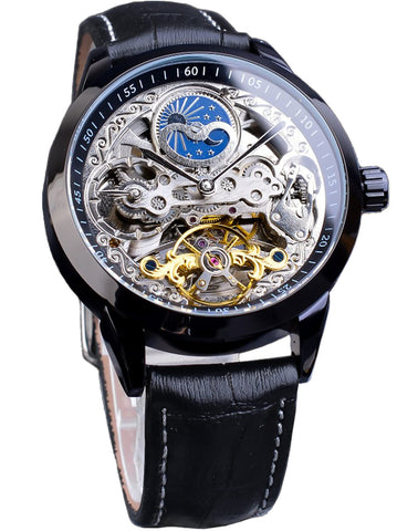 FORSINING Men's Skeleton Moon Phase Watch Mechanical Self-Wind Tourbillon Dual Time Zone Watches Automatic Luxury Leather Strap Large Dial Wristwatch, black, Classic