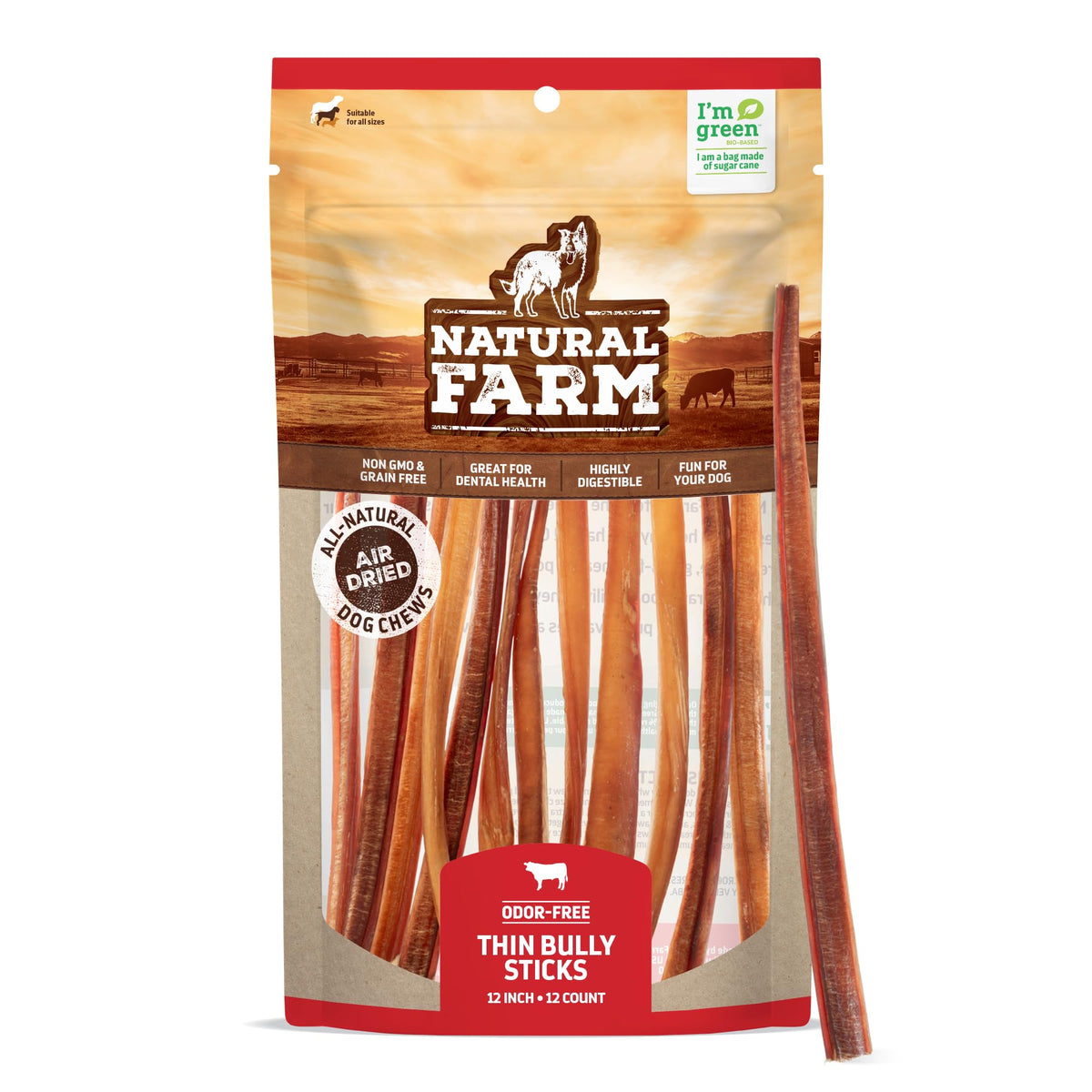 Natural Farm Odor-Free Thin Bully Sticks (12ÃƒÆ’Ã‚Â¢ÃƒÂ¢Ã¢â‚¬Å¡Ã‚Â¬Ãƒâ€šÃ‚Â, 12-Pack) All-Natural Long-Lasting Dog Chews, 100% Beef Pizzle, Grass-Fed, Grain-Free, Protein for Muscle Development & Energy, Perfect for Large Dogs