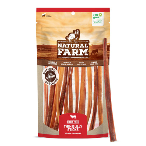 Natural Farm Odor-Free Thin Bully Sticks (12ÃƒÆ’Ã‚Â¢ÃƒÂ¢Ã¢â‚¬Å¡Ã‚Â¬Ãƒâ€šÃ‚Â, 12-Pack) All-Natural Long-Lasting Dog Chews, 100% Beef Pizzle, Grass-Fed, Grain-Free, Protein for Muscle Development & Energy, Perfect for Large Dogs