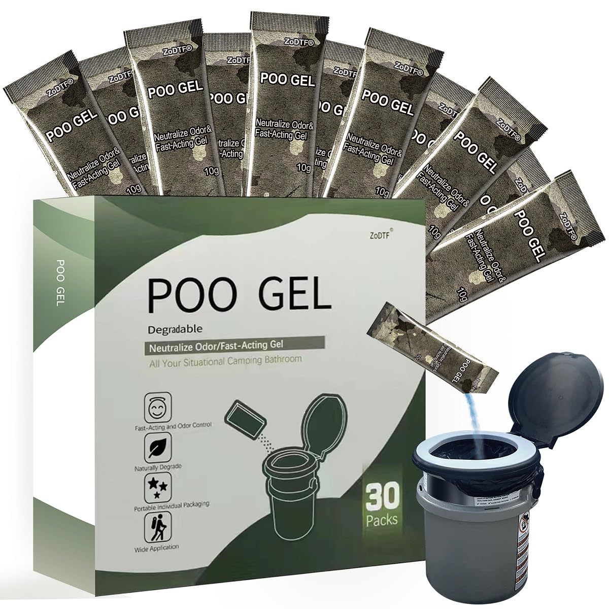 ZODTF Camping Toilet Poo Gel Powder?30 Portable Toilet Absorbent Urine Gel for Potty Bags and Potty Toilets, Outdoor Bathroom Recreation Supplies for Adults Backpacking Car Camp and Hiking