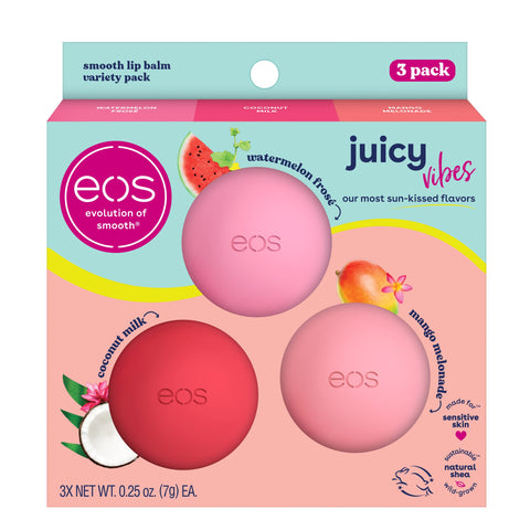 eos Juicy Vibes Lip Balm Variety Pack- Watermelon FrosÃƒÆ’Ã‚Â©, Mango Melonade & Coconut Milk, All-Day Moisture Lip Care Products, 0.25 oz, 3-Pack