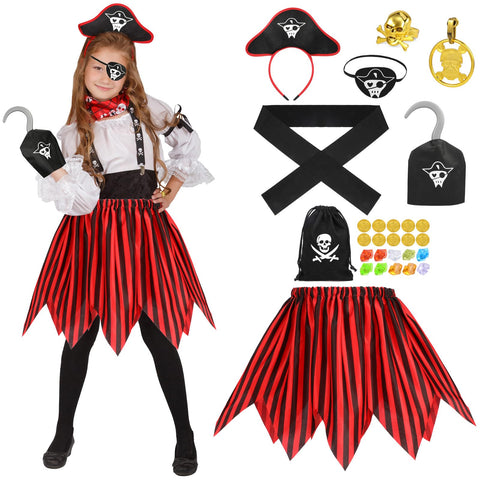 Hifot Girls Pirate Costume Kids,Pirate Fancy Dress Pirate Skirt with Pirate Costume Accessories Captain Pirate Role Play Buccaneer Princess Dress for Girls Halloween Cosplay