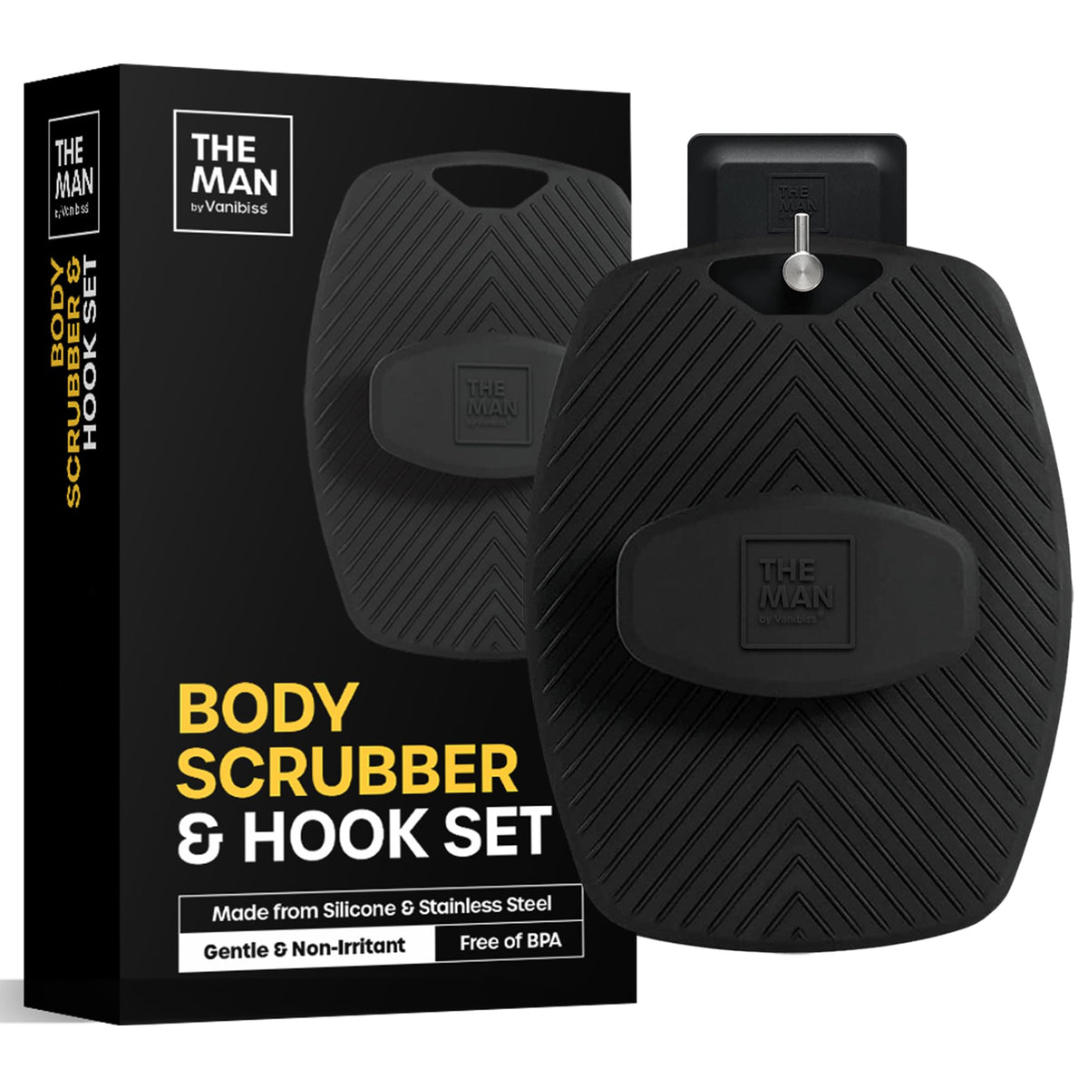 The Man Body Scrubber & Hook - Silicone Body Scrubber for Men - Shower Scrubber for Men - Silicone Body Buffer Hygienic & Easy to Clean - Soft Bristles & Non-Slip Handle - Body Washing Brush (1 Set)
