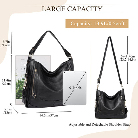 Kasgo Hobo Bag for Women, Fashion PU Leather Handbag Large Shoulder Bag Tote Bag for Ladies Work Daily Use with Detachable Shoulder Strap Black