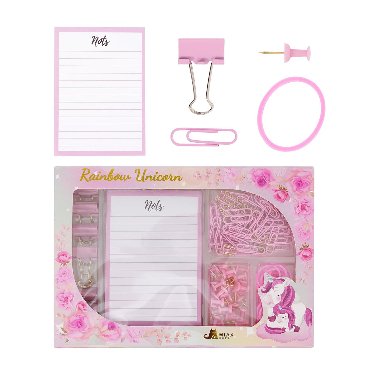 5pcs Pink Office Supplies Set, Pink Desk Accessories, Paper Clip Stapler Set for Women with Leather Bands, Horizontal Notebooks, Thumbtacks, Pins and Tailclips,Gifts for Students, Office Clerks