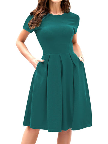 oxiuly Women's Vintage Dress Floral Church Party Cocktail Gown Casual Dress with Pockets OX253 (Dark Green, M)