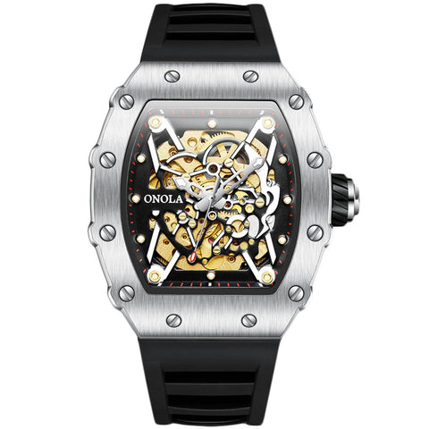 RORIOS Men's Fashion Sport Wrist Watch - Mechanical Skeleton Watch with Square Silicone Strap - Water Resistant, Luminous