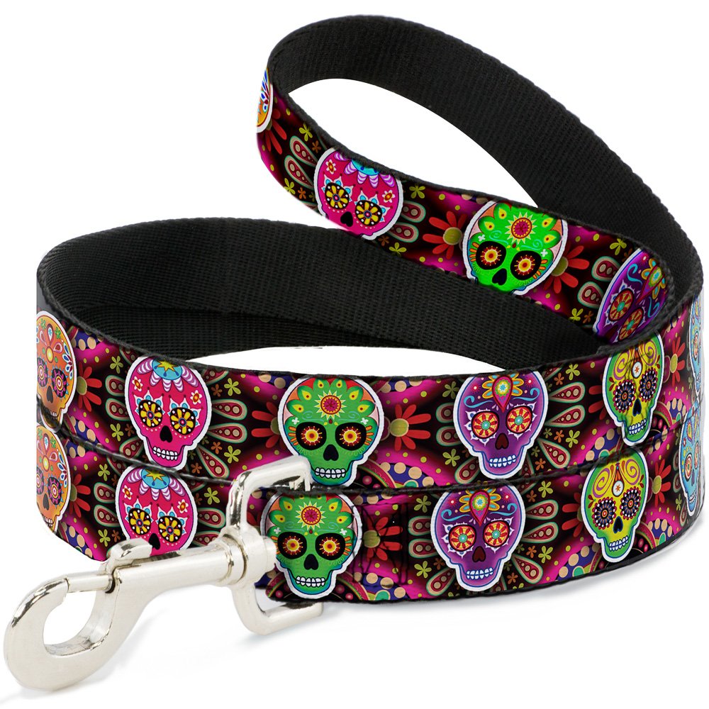 Dog Leash Six Sugar Skulls Multi Color 6 Feet Long 1.5 Inch Wide