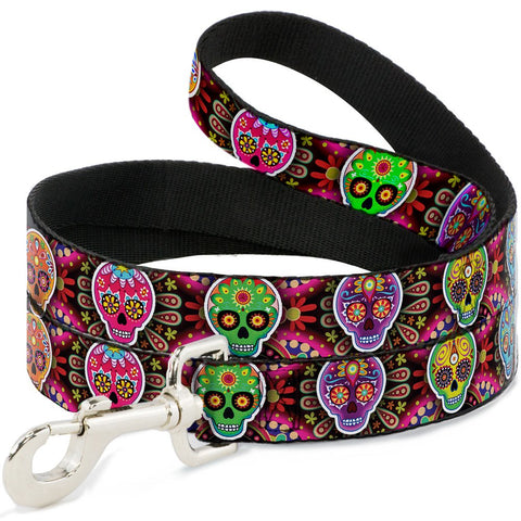 Dog Leash Six Sugar Skulls Multi Color 6 Feet Long 1.5 Inch Wide