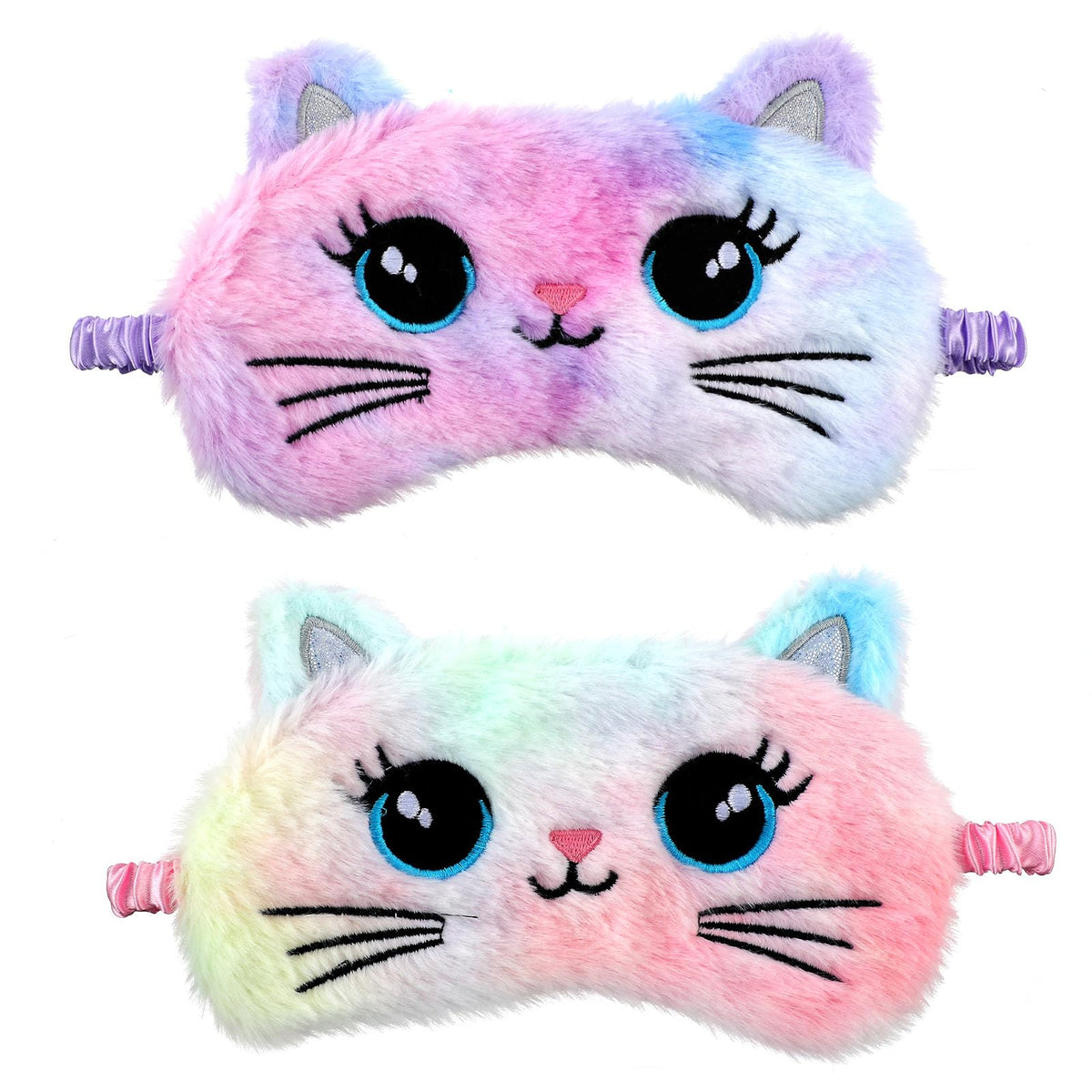 2 Pack Sleeping Eye Mask Soft Plush Eye Mask Cute Animal Sleeping Eye Shade Night Eyeshade Cover for Girls Boys Travel Nap Party Supplies (Colorful, Cat Style)