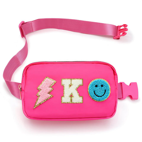 Fanny Pack for Girls Crossbody Bag, Preppy Nylon Kids Belt Bag for Birthday Christmas Graduation Personalized Gifts, Pink Chenille Letter for Women Teen Girls Fanny Pack, Pink, 8.7'' L X 5.2'' W X