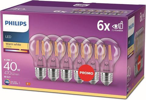Philips LED Premium Classic Filament A60 Light Bulb 6 Pack [E27 Edison Screw] 4.3W - 40W Equivalent, Warm White (2700K)