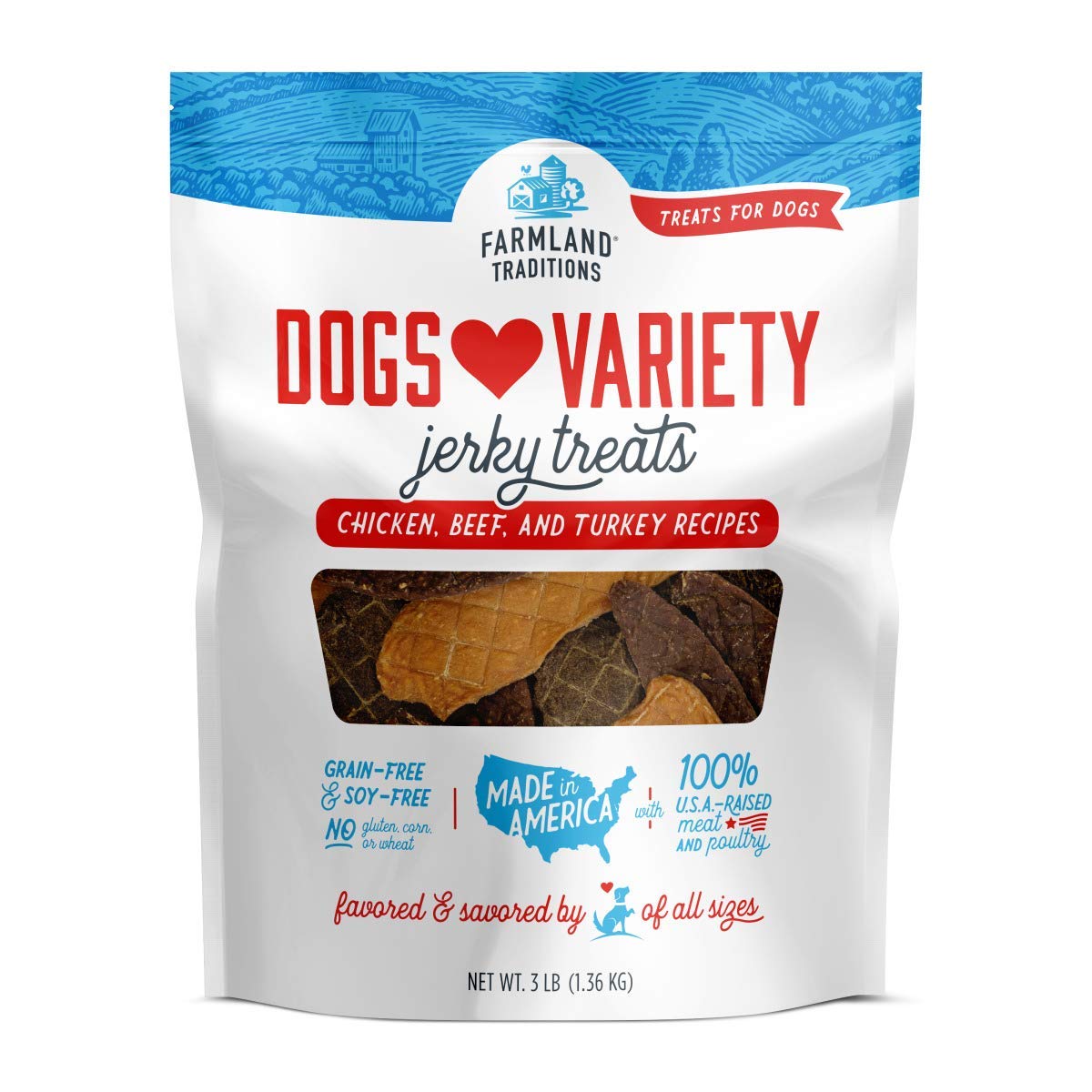 Farmland Traditions Filler Free Dogs Love Variety Premium Jerky Treats for Dogs, Chicken, Beef & Turkey, 3 lb. Bag