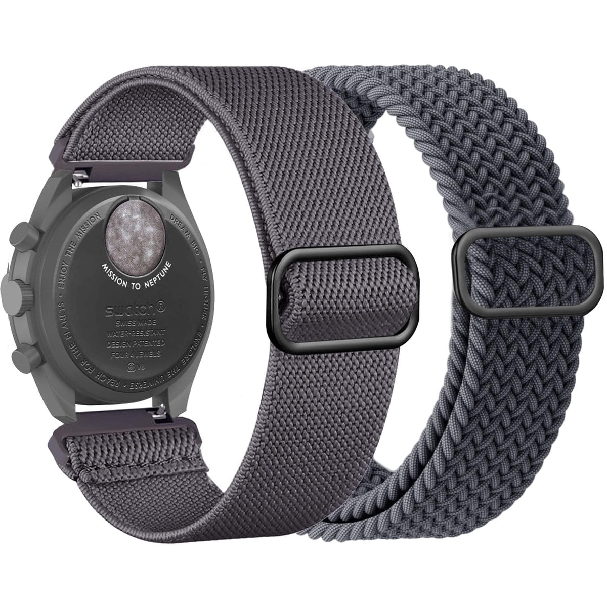 TUCOMO 2 Pack Bands Compatible with Omega X Swatch Moonswatch Speedmaster 20mm Watch, Braided Stretchy Nylon Loop Elastic Fabric Straps for Women Men