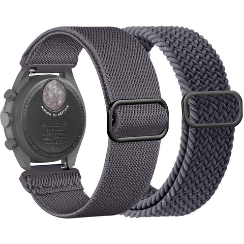 TUCOMO 2 Pack Bands Compatible with Omega X Swatch Moonswatch Speedmaster 20mm Watch, Braided Stretchy Nylon Loop Elastic Fabric Straps for Women Men