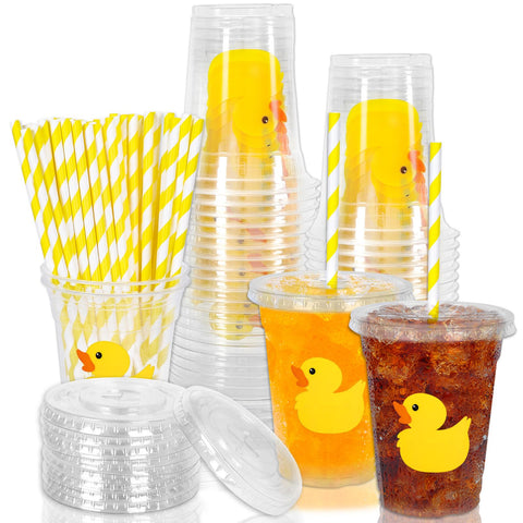 Whaline 50Pcs Yellow Duck Plastic Cups with Lids and Straws 12oz Party Cups Cute Duck Beverage Drinking Cups for Birthday Summer Pool Beach Party