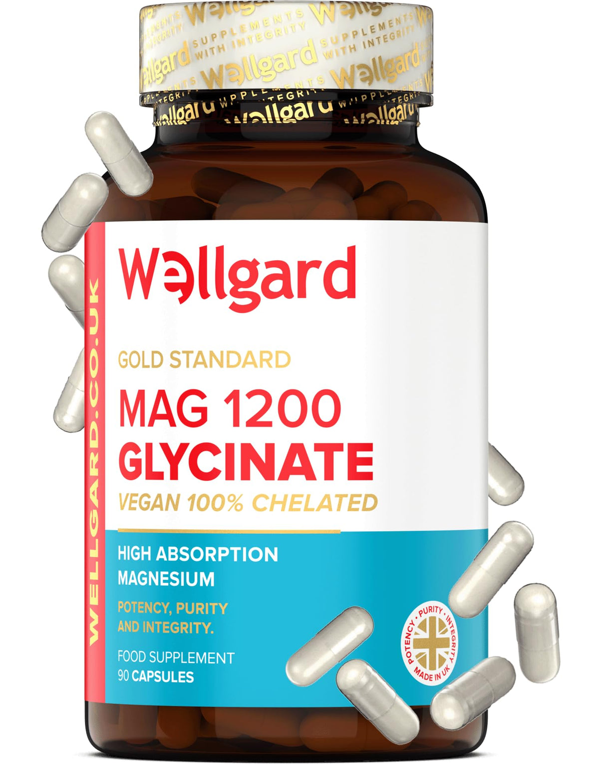 Wellgard Magnesium Glycinate, Mag 1200, High Strength Magnesium Bisglycinate, Made in UK