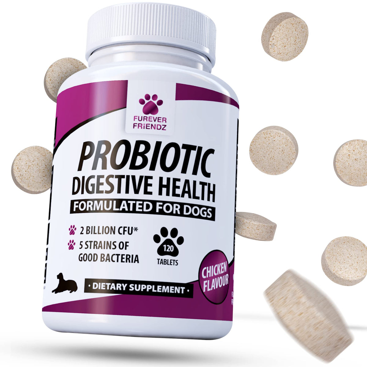 Pet Probiotics for Dogs Tablet - Chicken Flavour Dog Digestive Supplements with Enzymes, Bromelain & Prebiotic for Dogs - No Gluten, GMO, Soy or Dairy - Dog Probiotic by Furever Friendz