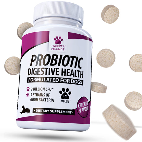 Pet Probiotics for Dogs Tablet - Chicken Flavour Dog Digestive Supplements with Enzymes, Bromelain & Prebiotic for Dogs - No Gluten, GMO, Soy or Dairy - Dog Probiotic by Furever Friendz