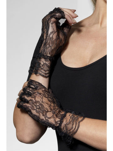 Smiffys Fingerless Lace Gloves, Black , Fever Gloves Fancy Dress, Fever Dress Up Accessories