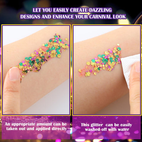 Swiffen 2 Pcs Mardi Gras Face Glitter 0.7 oz Chunky Glitter Purple Gold Green Glitter Gel Music Festival Rave Sequins Body Glitter Gel for Face Body Hair Rave Accessories and Costume Party Dance