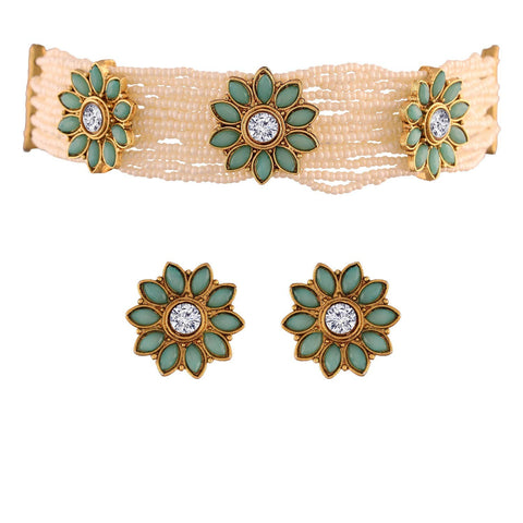 Aheli Ethnic Choker Necklace with Stud Earrings Indian Traditional Wedding Party Fashion Jewelry for Women(Sky Blue)