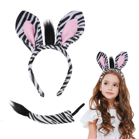 ACWOO Animal Costume Accessories set, 2PCS Zebra Ears Headband & Tail Set for Kid and Adult, Animal Fancy Dress for Halloween Birthday Christmas Cosplay Accessoy Zebra Theme Party Favors