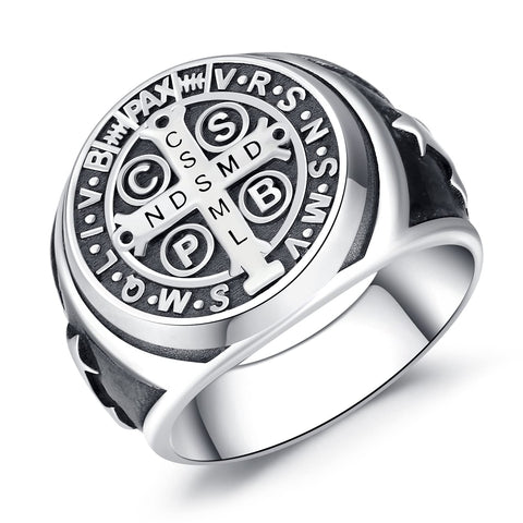 Men's Ring 925 Sterling Silver Saint Benedict Ring Signet Ring Vintage Religious Cross Ring for Men Women Finger Ring Patron Saint Jewellery with Gift Box, Sterling Silver, No Gemstone
