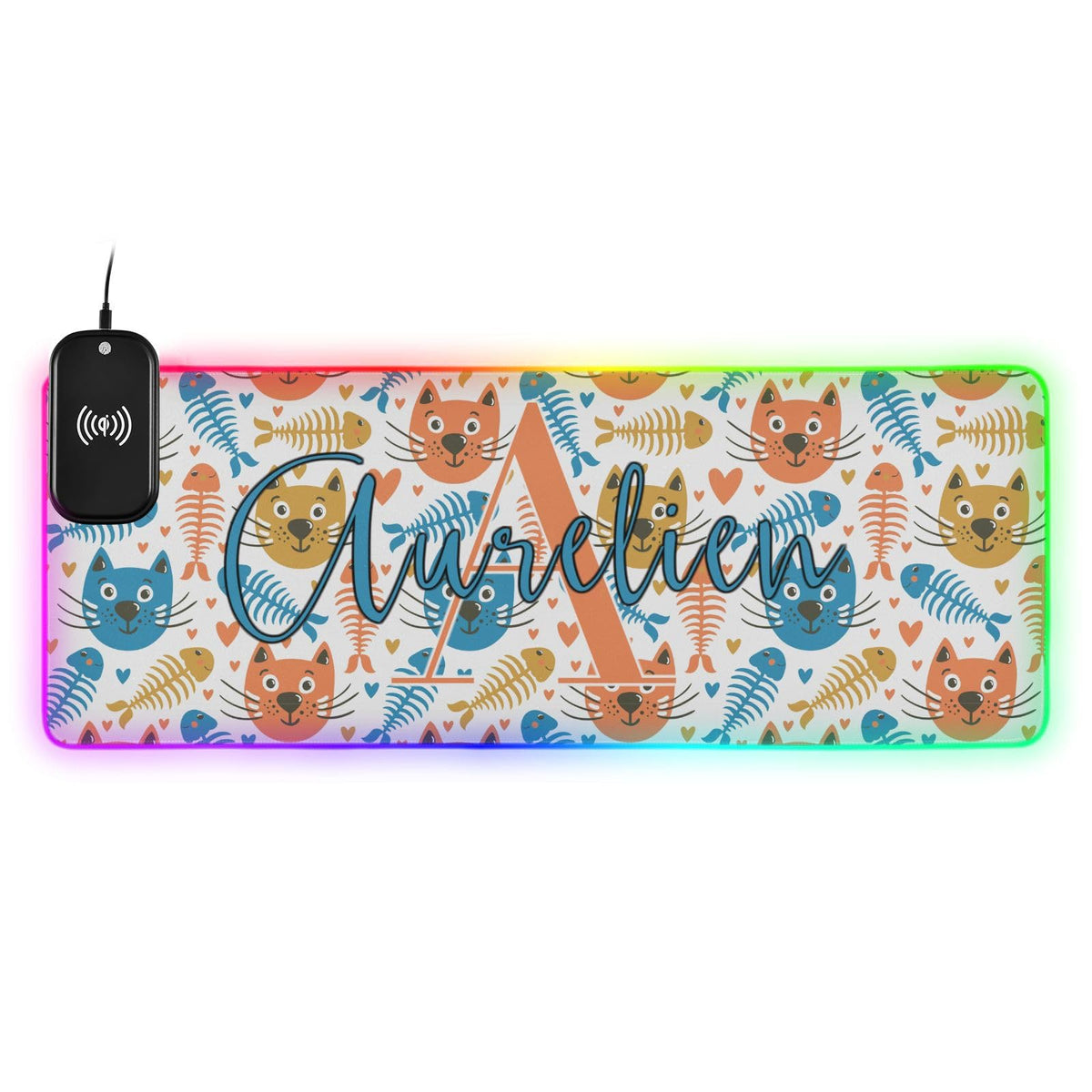 Funny Cats and Fish Custom Wireless Charging Mouse Pad for Mobile Phone Personalized Extra Large Gaming Mousepad with 13 Lighting Modes Extended Desk Mat for Gaming MacBook PC Laptop Desk Home Office