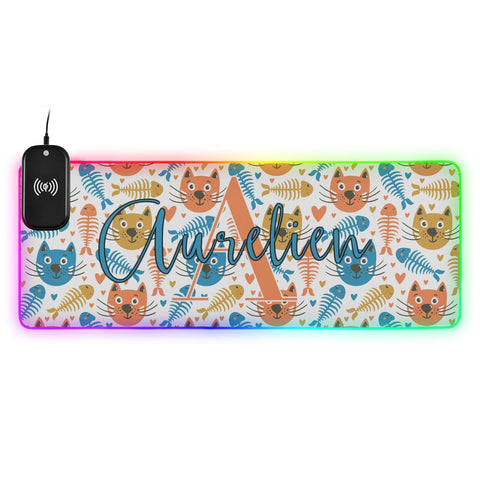 Funny Cats and Fish Custom Wireless Charging Mouse Pad for Mobile Phone Personalized Extra Large Gaming Mousepad with 13 Lighting Modes Extended Desk Mat for Gaming MacBook PC Laptop Desk Home Office