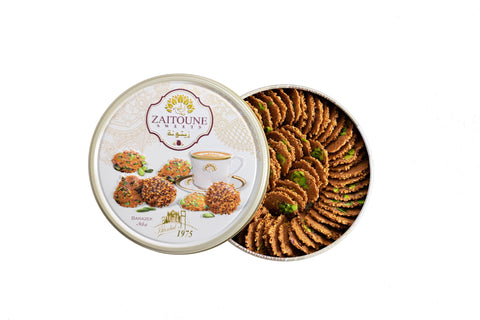 Zaitoune Barazek Cookies - 250 g | Luxury Traditional Sesame & Pistachio Biscuits Handcrafted in Turkey | Beautiful Reusable Gift Tin | Perfect for Coffee or Tea | Great Ramadan Sharing Present