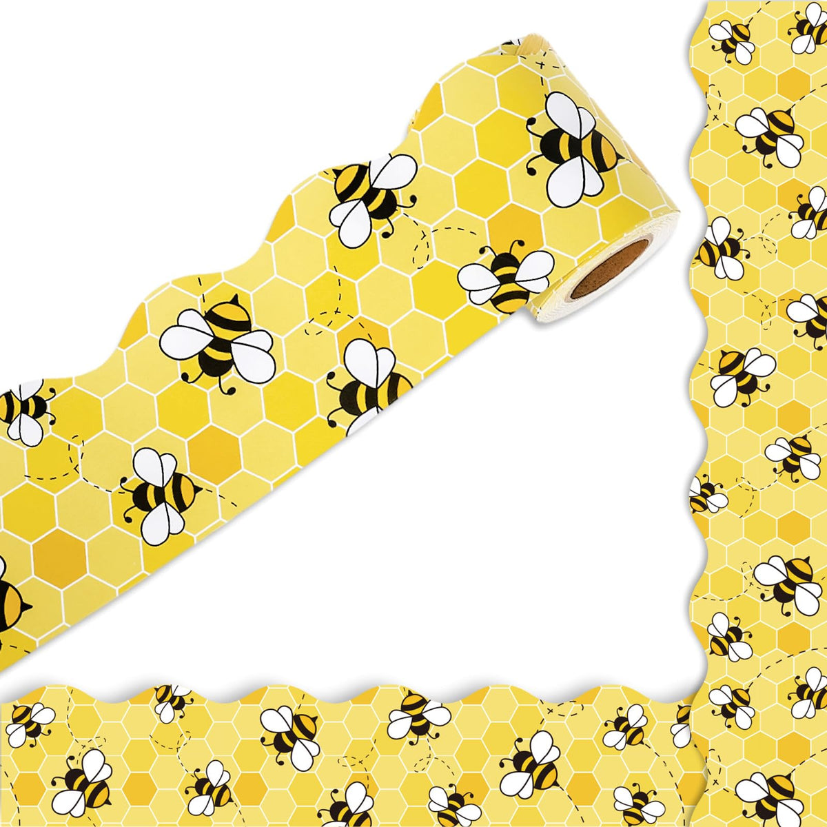 Whaline 32.8Ft Summer Bee Bulletin Board Border Yellow Bee Honeycomb Die Cut Trim Border Roll for Summer Bee Day Home Party Supplies