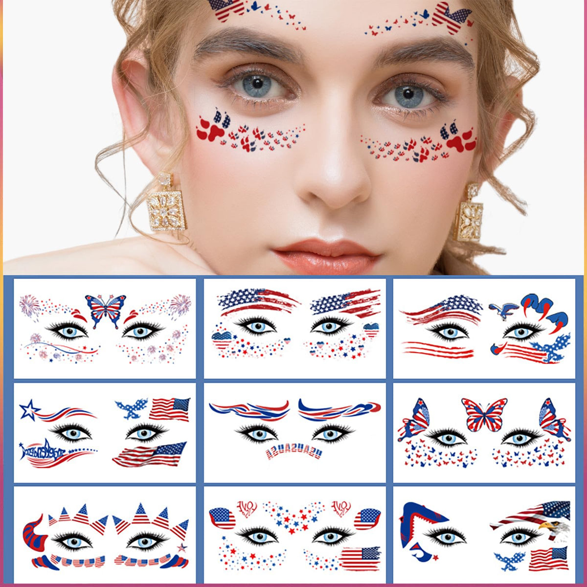 10 Sheets Independence Day Face Sticker Set -4th of July Face Tattoo Stickers for Adult Kids Patriotic Eye Body Face Temporary Tattoo Stickers Independence Day Party Decoration Supplies