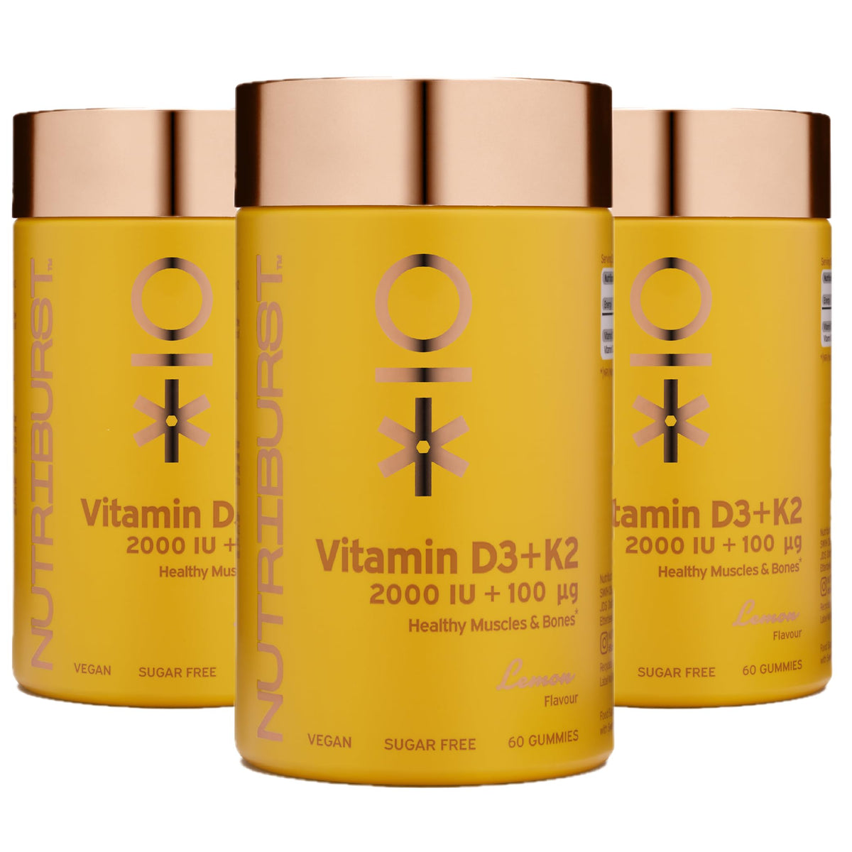 Nutriburst Vitamin D3 (2000IU) + K2 (100µg) Multipack - Essential Nutrients to Support Bone Health, Skeletal Function & Immune Function - Vegan & Sugar Free - 3 x 60 Lemon Gummies - 3 Month Supply