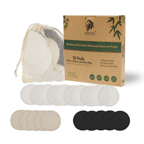 Reusable Bamboo Cotton Make Up Remover 3 Layers 20 Pads Washable With Laundry Bag - Eco-friendly Natural Round for All Skin Types