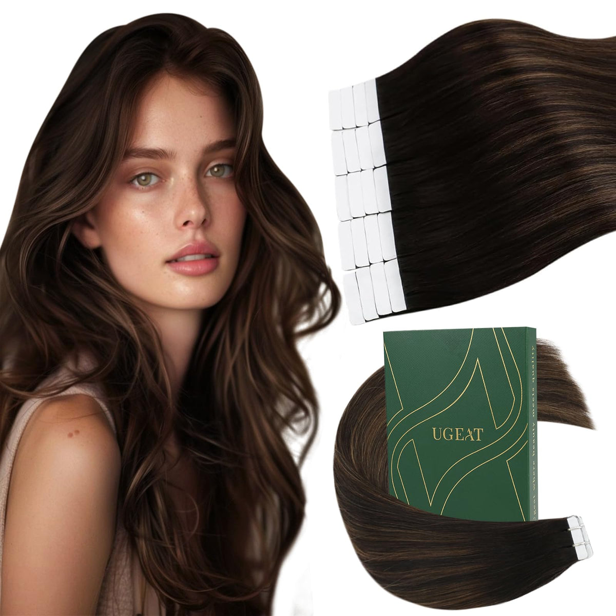 Ugeat 24inch Tape in Hair Extensions Human Hair Brown Balayage Dark Brown Mix Medium Brown Hair Extensions Glue in Human Hair Balayage Brown Long Hair Extensions Tape ins Remy Hair 50G 20Pcs #2/6/2