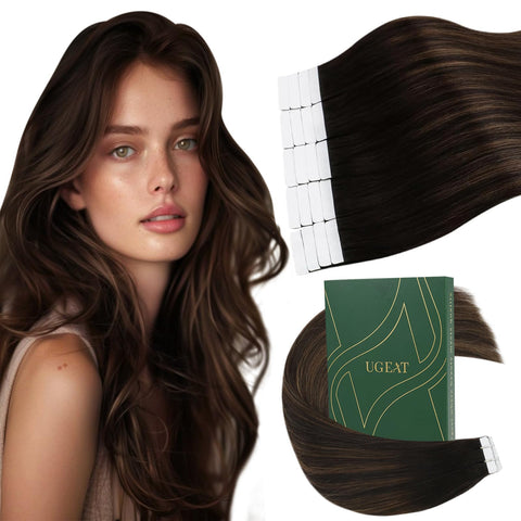 Ugeat 24inch Tape in Hair Extensions Human Hair Brown Balayage Dark Brown Mix Medium Brown Hair Extensions Glue in Human Hair Balayage Brown Long Hair Extensions Tape ins Remy Hair 50G 20Pcs #2/6/2
