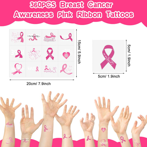 Dansib 360 Pcs Breast Cancer Awareness Temporary Tattoos Pink Ribbon Tattoos Removable Breast Cancer Tattoos Accessories for Women Breast Cancer Awareness Gifts Party Favors