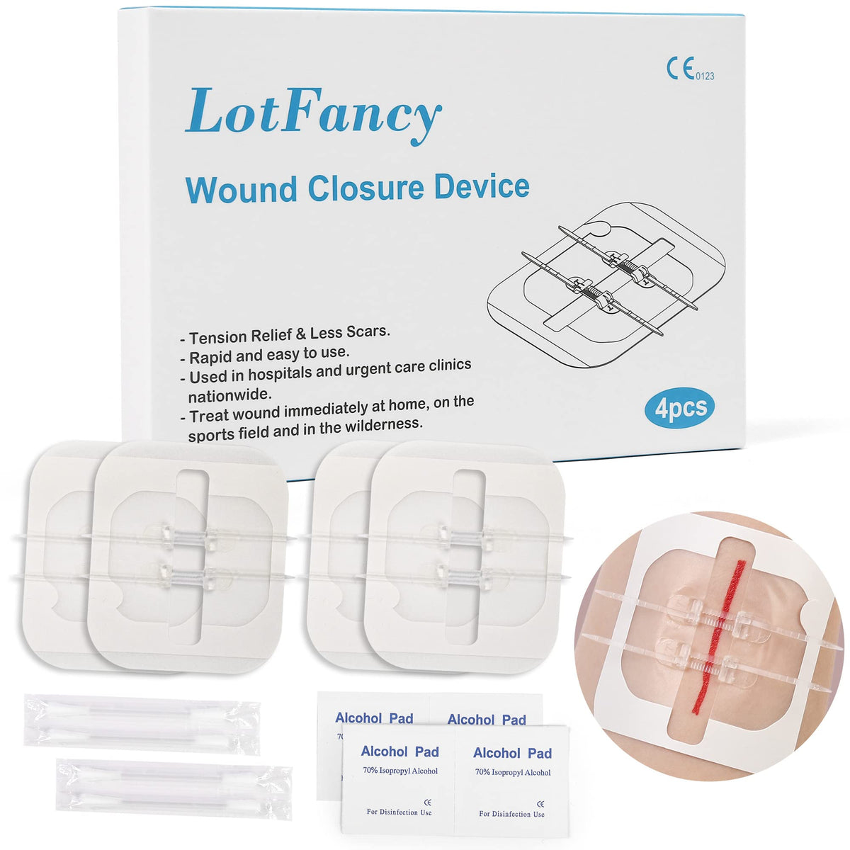 LotFancy Emergency Wound Closures, 4-Count, First Aid Supplies, Medical Butterfly Bandaids, Surgical Sutures Laceration Repair Kit with Accessories, Sterile, Latex-Free