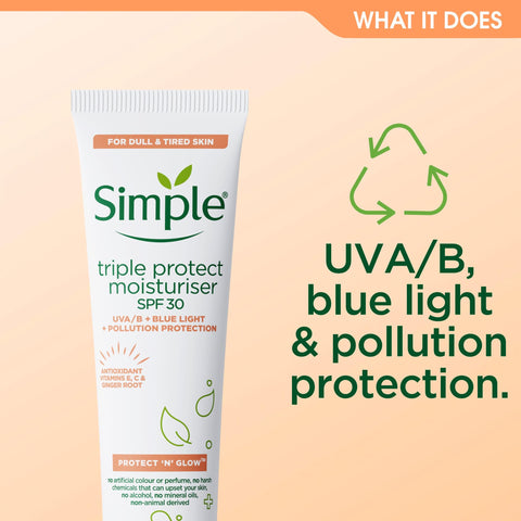 Simple Protect 'N' Glow Express Glow Clay Polish Cleanser, 1x 150 ml + Triple Protect Moisturiser, 1x 40 ml + Brightening Eye Gel, 1x 25 ml - Set of 3