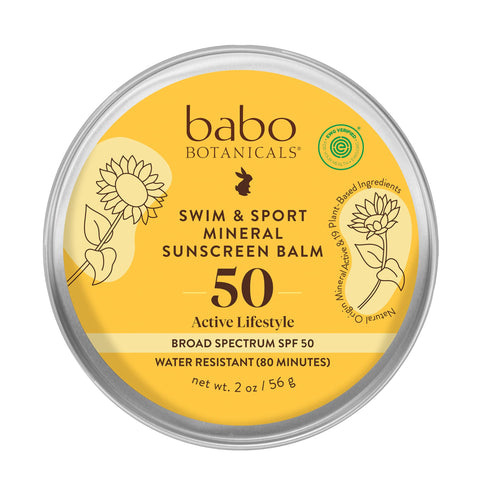 Babo Botanicals Swim & Sport Mineral Sunscreen Balm SPF50 - Natural Zinc Oxide - For Face & Body - For all Ages - Dermatologist Tested - Cruelty-Free - Fragrance-Free - EWG Verified - Water Resistant
