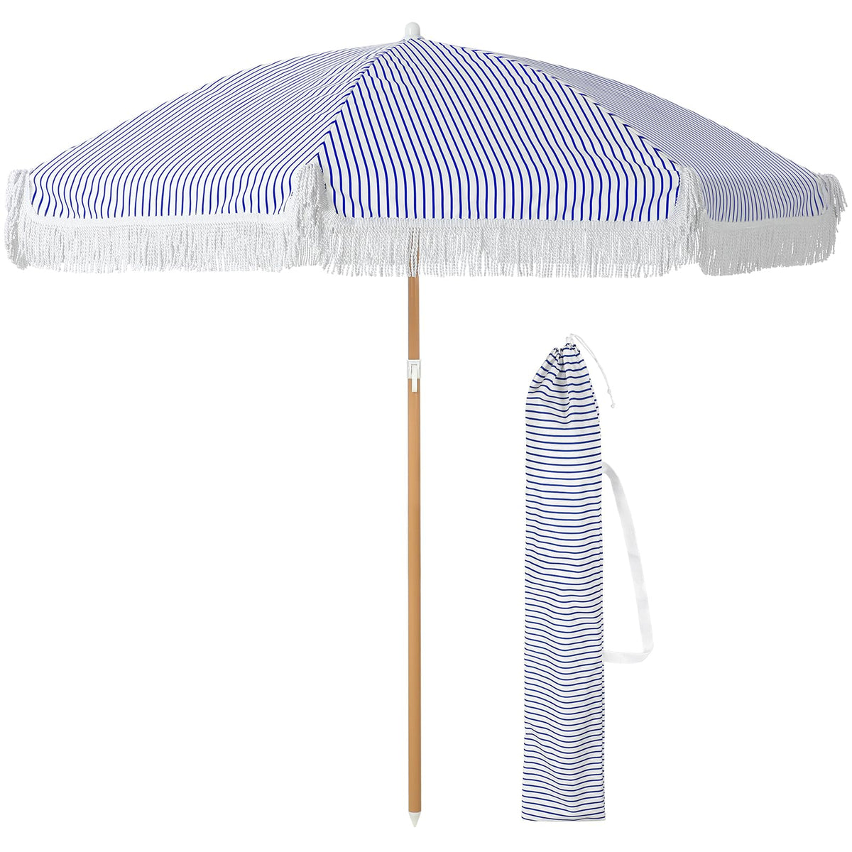 Talltalk 6 ft Blue Striped Beach Umbrella Outdoor Patio Scalloped Umbrella with Fringe Steel Pole, Steel Ribs and Carry Bag Tassel UPF 50+ UV Umbrella for Outdoor Patio Picnic Beach Garden Lawn Pool