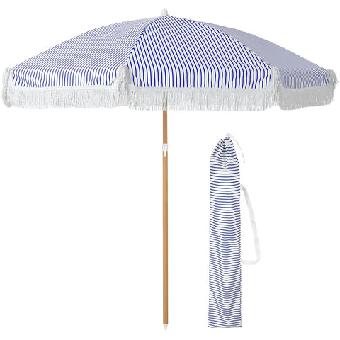 Talltalk 6 ft Blue Striped Beach Umbrella Outdoor Patio Scalloped Umbrella with Fringe Steel Pole, Steel Ribs and Carry Bag Tassel UPF 50+ UV Umbrella for Outdoor Patio Picnic Beach Garden Lawn Pool