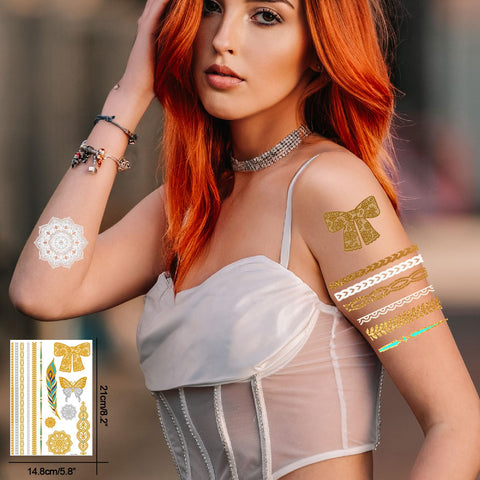 9 Sheets Metallic Gold Henna Temporary Tattoos 80+ Mandala Tattoos Flowers, Mandalas, Elephants Waterproof Nontoxic Long Lasting for Beach, Festivals, & Parties