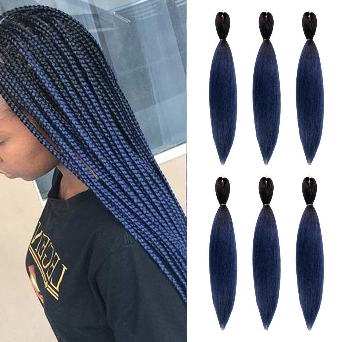 Pre Stretched Braiding Hair Extensions 26 Inch 6 Pcs Phoenixfly Ombre Blue Braiding Hair Professional Crochet Braiding Hair for Box Braids Senegal Twist Hair Extensions (Black to Dark Blue)